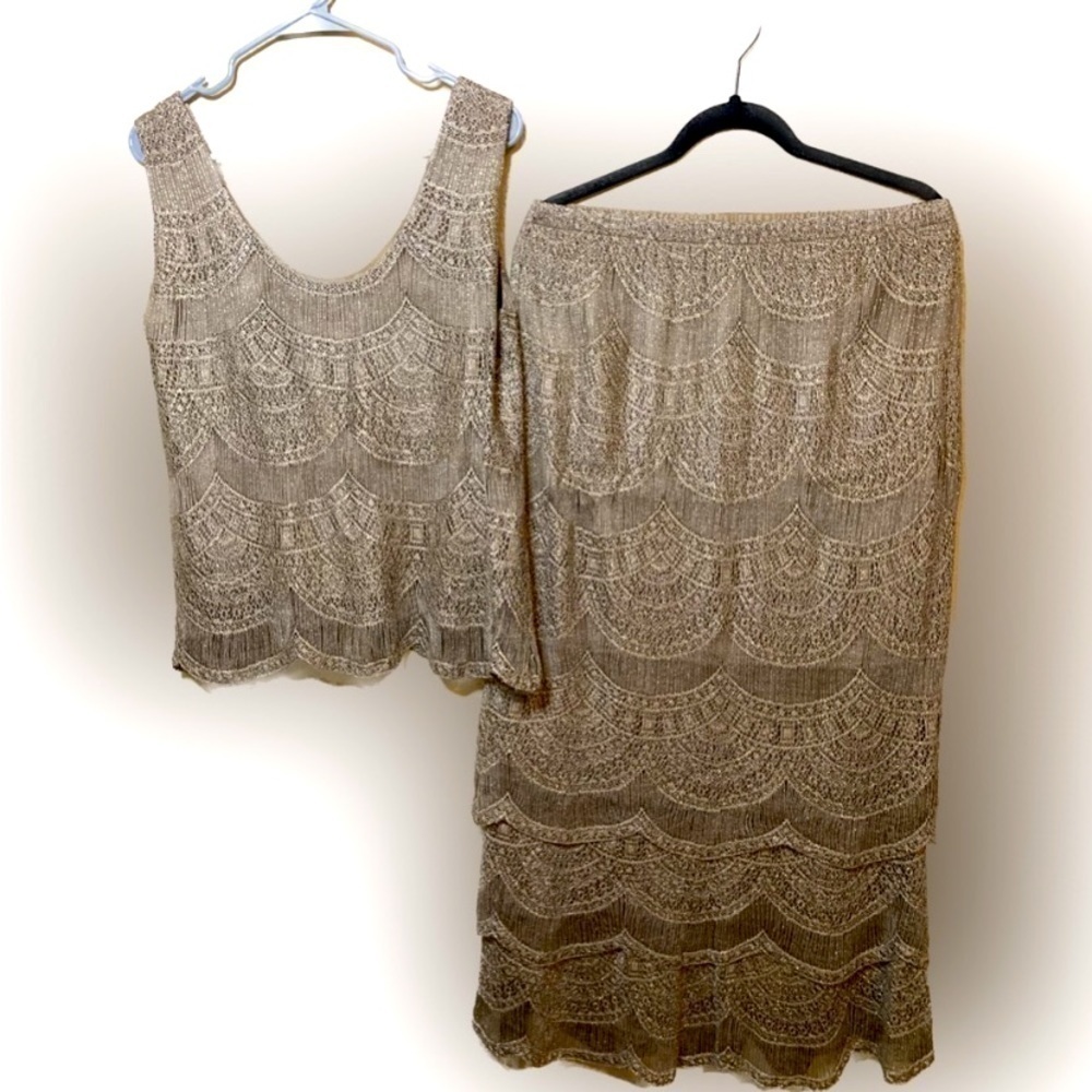 Damianou Vintage Art Deco Flapper Dress Gold Metallic Size Large